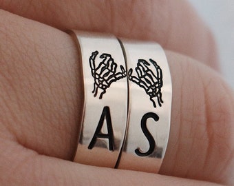 Matching 2 Ring Custom Initials & Font Double Skeleton Pinky Swear Stacking Ring Set | Dainty Silver Ring | Best Friend Birthday Gift