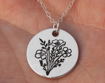 Poppy Bouquet Silver Charm Necklace | August Birth Flower Necklace | Daughter Gift | Best Friend Birthday Gift | Birth Flower Jewelry