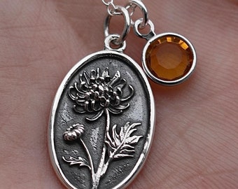 Collana con medaglione del fiore di nascita / Argento sterling, ciondolo con pietra portafortuna