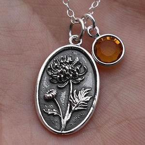 November Birth Flower Necklace Medallion | Birth Flower Jewelry | Chrysanthemum | Birth Month Flower | Birthstone Necklace | Friend Birthday