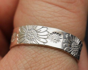 Hand Stamped Daisy Ring | Sterling Silver Floral Jewelry