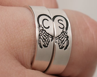Skeleton Pinky Promise Sterling Silver Couple Ring | Personalized Initial Rings Set