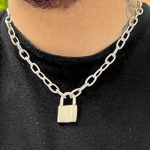 Chunky Silver Lock Necklace | Punk Chain Choker | Heavy Duty Padlock Pendant | Mens Womens Eboy Egirl Gift | Edgy Grunge Alternative Jewelry
