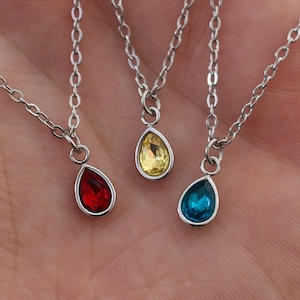 Silver Pear Shaped Birthstone Necklace | Dainty Silver Teardrop Pendant | Stainless Steel Custom Birth Month Gift for Her | Everyday Jewelry
