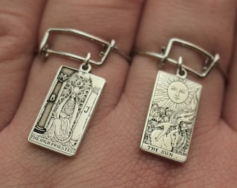 Sterling Silver Tarot Card Dangle Ring | Adjustable Stainless Steel Band