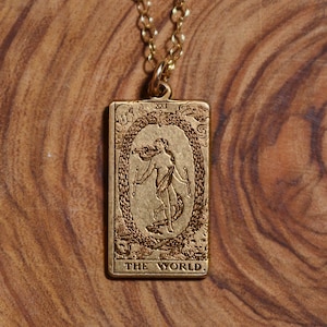 The World Gold Tarot Card Necklace | Best Friend Birthday Gift | World Tarot Card | Celestial Mystic Jewelry | Witch Necklace | Gold Tarot