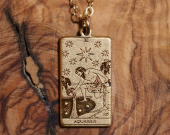 Gold Filled Aquarius Tarot Card Necklace | Celestial Zodiac Jewelry