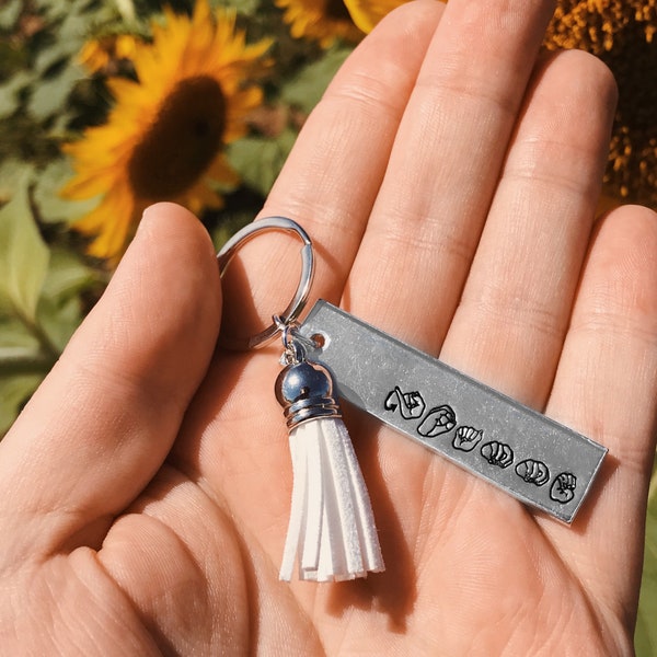 ASL Custom Name Tassel Keychain | American Sign Language Gift | ASL Fingerspelling | Name Sign Jewelry | Finger Alphabet | Interpret