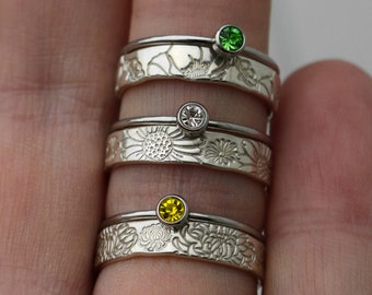 Sterling Silver Birth Flower Ring Set • Stainless Steel Birthstone Ring