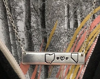 Long Distance Relationship State Stamped Bar Necklace | USA State To State | Couples Living Apart | Sister Going Away | College Student Gift