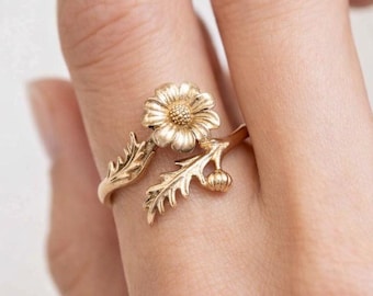 Yellow Bronze Daisy Ring | April Birth Flower Wrap Ring