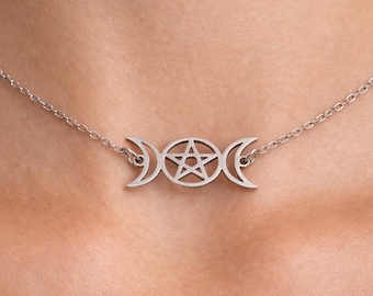 Triple Moon Pentagram Necklace | Sterling Silver Goddess Symbol Wiccan Jewelry