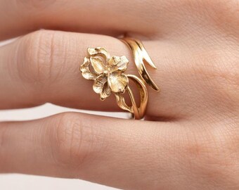 Yellow Bronze Iris Flower Ring | February Birthstone Ring, Adjustable