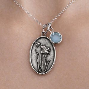 March Daffodil Birth Flower Necklace | Sterling Silver Medallion Jewelry
