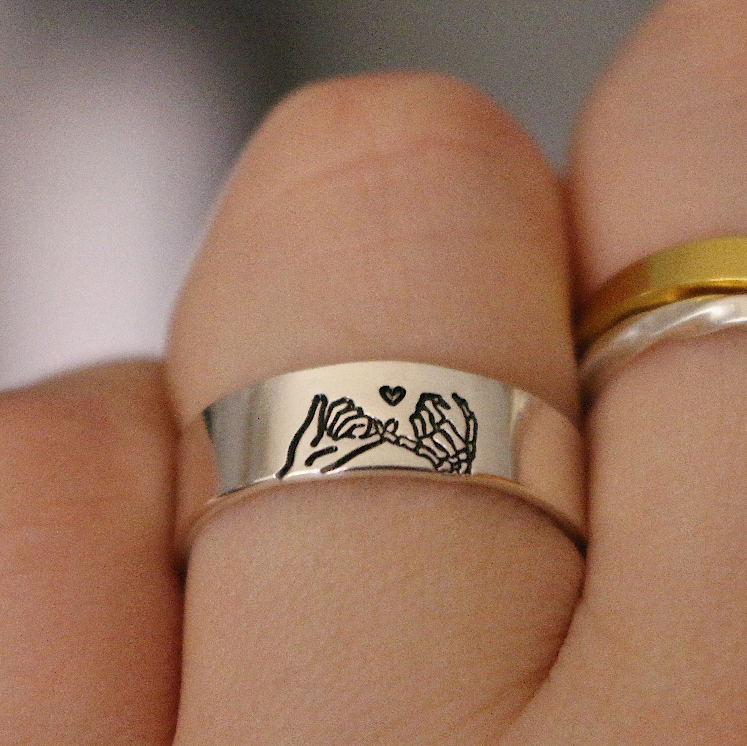 Skeleton Pinky Promise Couple Initial Ring Set