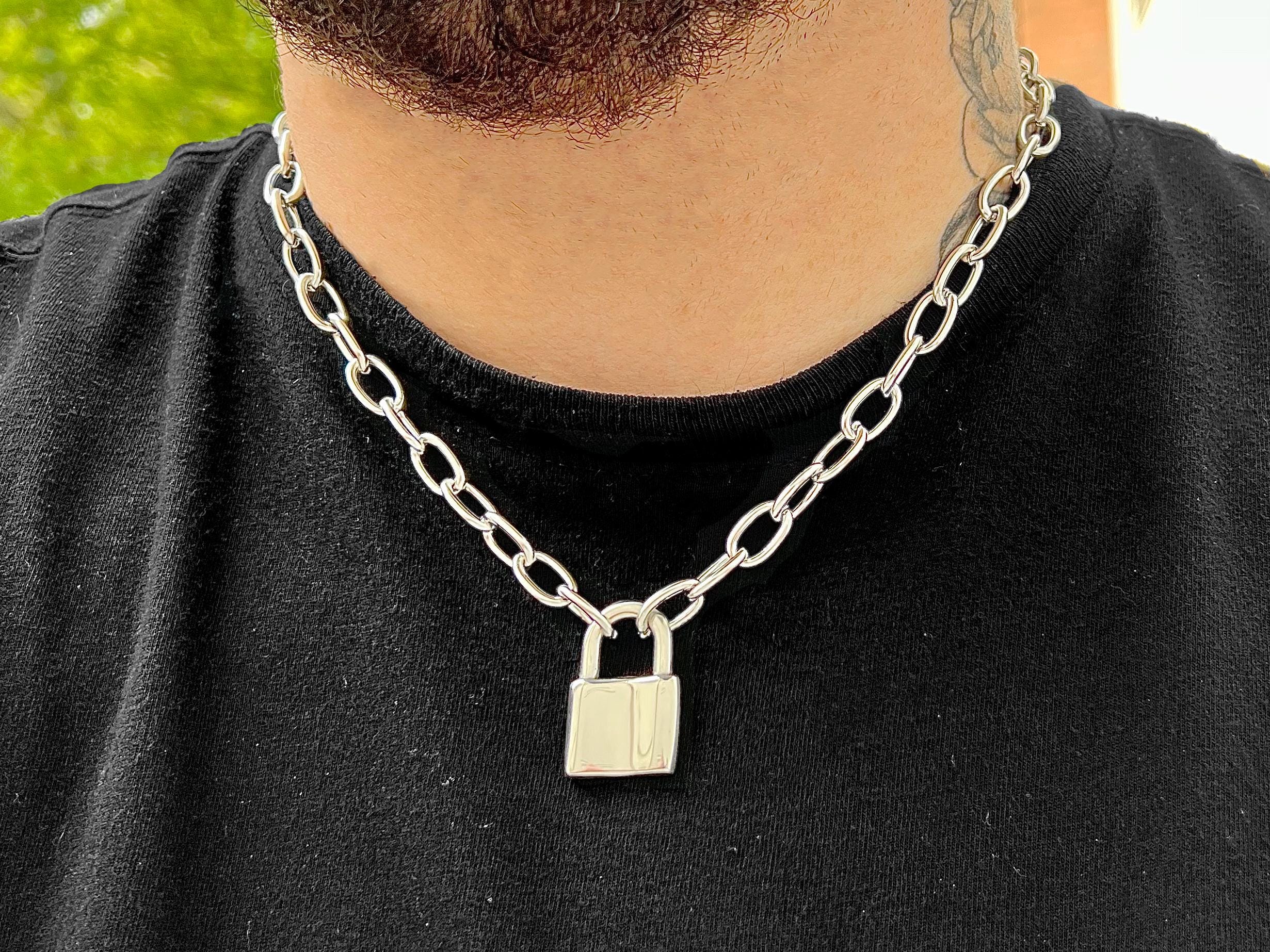 Chunky Silver Lock Necklace Punk Chain Choker Heavy Duty