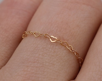 Valentines Day Ring | 14k Gold Chain Ring | Gold Filled Heart Chain Ring | Chain Layering Ring | Dainty Gold Jewelry | Everyday Ring for Her