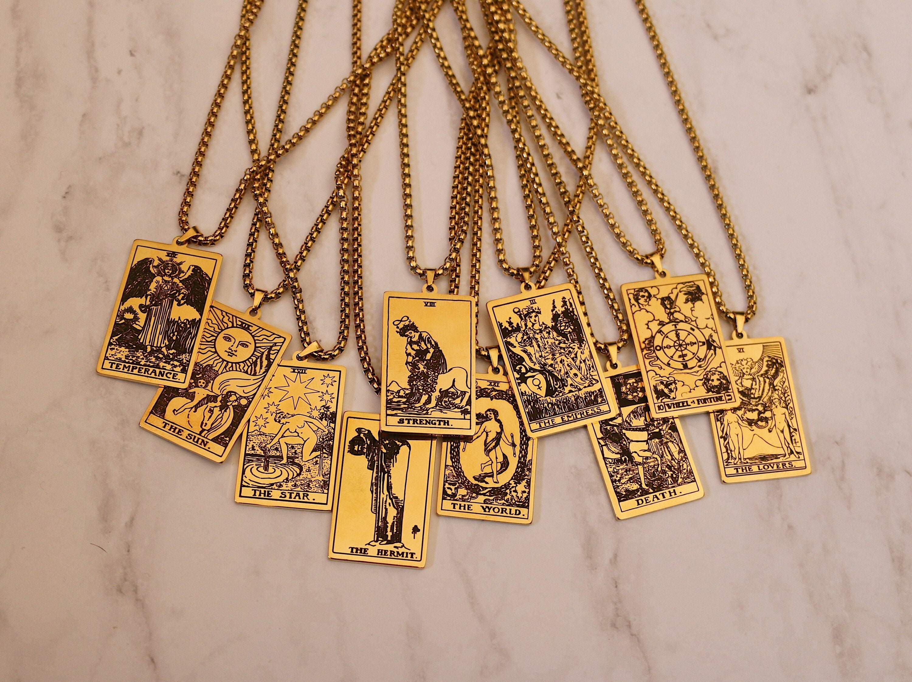18K Gold Tarot Square Etched Pendant Necklace Titanium Sweater Chain –  Holi.Spirits