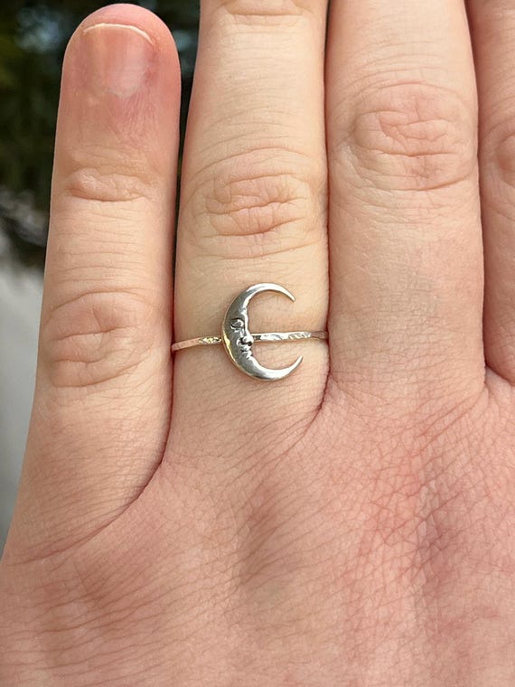 Sterling Silver Crescent Moon Ring | Man in the Moon, Celestial Jewelry
