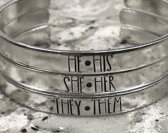 Hand Stamped Pronoun Aluminum Bangle | LGBTQIA2S+ Pride