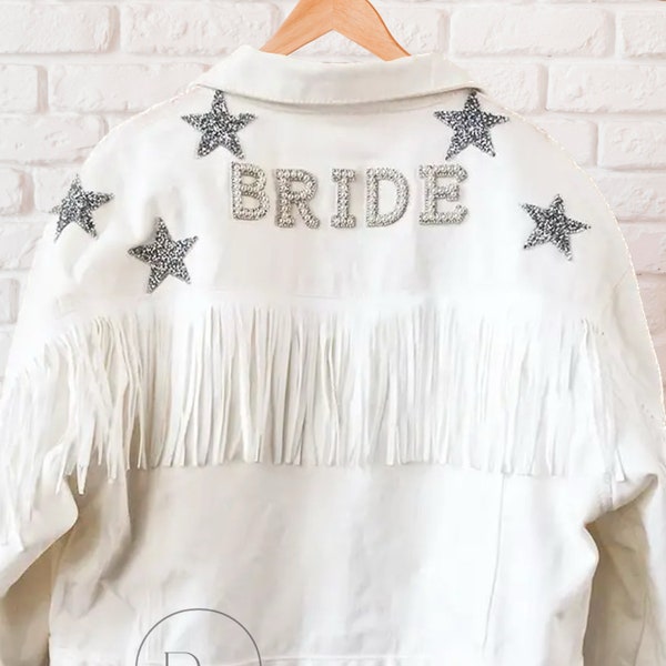 Bride White Tassle Jean jacket • bride to be gift • bridal shower gift •bride christmas gift  • bachelorette party outfit Fringe jacket