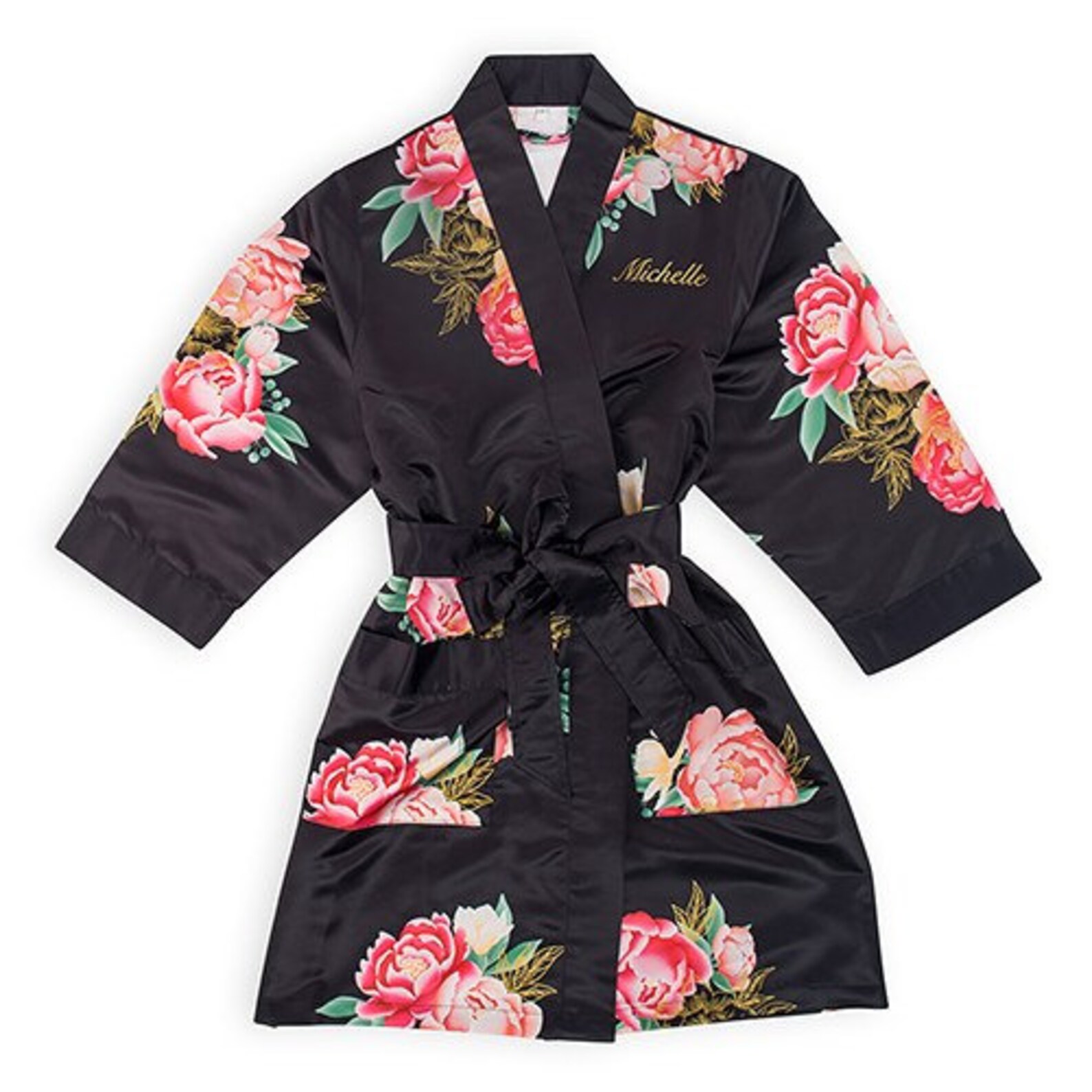 Black Floral Personalized Silk Satin Robe flower print robe Etsy