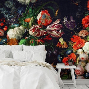 French Floral Moody Wallpaper, Bold Dark Garden Flowers Wall Paper Decal, Peel and Stick Eclectic Wildflowers Mural