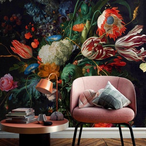 Floral Wall Mural Wallpaper, Dark Dutch Vintage Wallpaper, Peel and Stick Flowers Accent Wallpaper for Renters