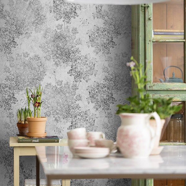 Elegant White Grey Toile Floral Wallpaper, Japanese Ivory Limewash Wall Paper, Elder Vine Flowers Gray Vinyl Wall Sticker, Art 70s Wallpaper