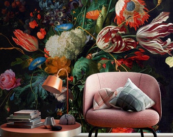 Floral Wall Mural Wallpaper, Dark Dutch Vintage Wallpaper, Peel and Stick Flowers Accent Wallpaper for Renters