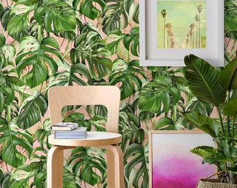 Monstera Indian Jungle Wall Paper, Coral Peach Tropical Wallpaper with Exotic Palm Leaves