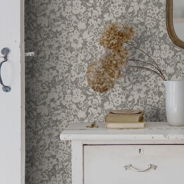 Shabby Chic Vintage Ditsy Floral Wallpaper, Vintage Monochrome Wall Paper met Tiny Flowers, Verwijderbaar & Herbruikbaar