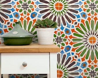 Marokkaans oosters behang met groene aqua-oranje tegels, tijdelijke muursticker peel & stick