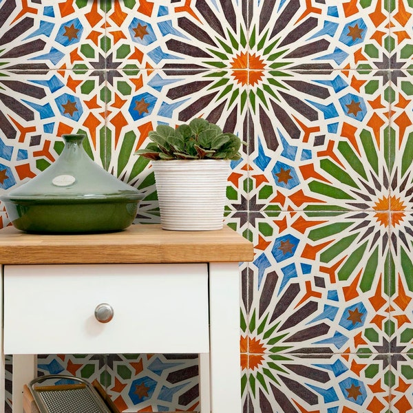 Moroccan Oriental Wallpaper with Green Aqua Orange Tiles, Peel & Stick Tempoarary Wall Sticker