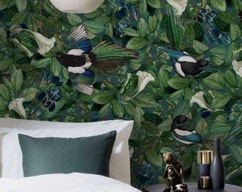 Dark Botanical Maximalist Bird Wallpaper, Whimsical Foliage Forest Wall Paper with Magpie Birds, Peel and Stick Big Print Wall Stiker