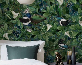 Dark Botanical Bird Wallpaper, Whimsical Forest Wall Paper with Magpie Birds, Peel and Stick Big Print Wall Mural, Emerald Green Foliage