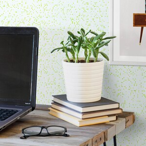 May include: A white ceramic planter with a succulent plant inside, sitting on a stack of books on a wooden table. The background is a light green and white patterned wallpaper.