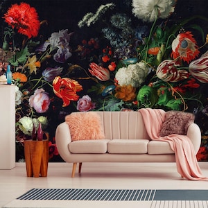 Carta da parati con fiori di peonia e tulipano, grande carta da parati nera, carta da parati con fiori di campo di design, murale floreale con carta da parati color fard