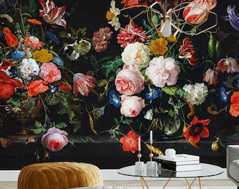 Black Peony Wallpaper Mural, Dark Large Floral Wall Paper with Tulips