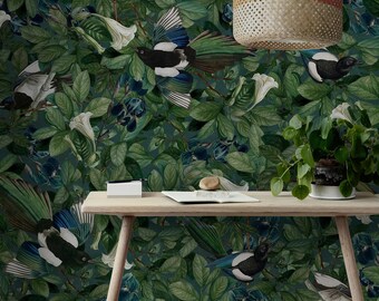 Emerald Magpie Bird Wallpaper, Dark Green Botanical, Maximalist Floral Peel and Stick