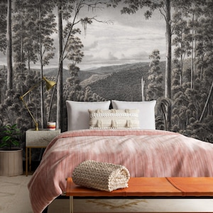 Carta da parati murale neutra effetto bosco, carta da parati boho grigia effetto foresta, arte paesaggistica stravagante, carta da parati vintage e suggestiva, carta da parati murale con albero di betulla e pino