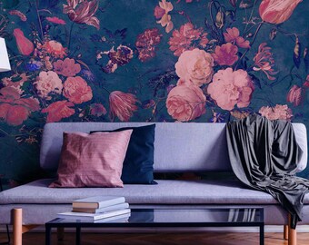 Navy Floral Chinoiserie Wallpaper, Bold Blue Dark Mural Wallpaper