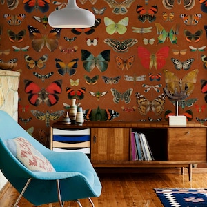 Boho Orange Schmetterling Wallpaper, Eclectic Wildlife Wand mit Insekten, Motten, Bienen & Käfer, Einzigartige Botanische Gold Wandkarte Aufkleber