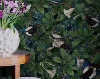 Emerald Magpie Bird Wallpaper, Dark Green Botanical, Maximalist Floral Peel and Stick