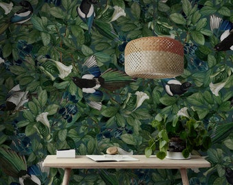 Magpie Print Bird Wallpaper, Vintage Dark Green Maximalist Wall Paper, Woodland Thibaut Wallpaperie, Magpie Peel and Stick Big Wall Sticker