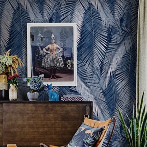 Navy Blue Palm Frond Wallpaper, Zebra Dark Blue Jungle Wall Paper, African Palm Leafy Large Mural Wallpaper for Eclectic Decoration