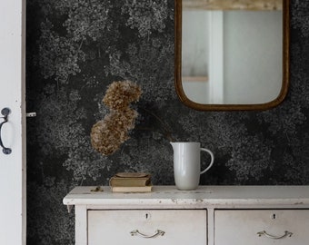 Gothic Dark Black and White Wallpaper, Dark Gray Floral Wall Paper Mural, Boho Flowers Wallpaperie Wall Sticker, Floral all over Wallpaper