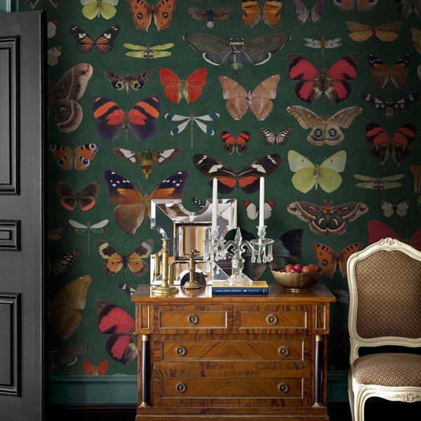 Moths Butterfly Wallpaper, Dark Emerald Eclectic Wall Paper with Insects, Bees & Bugs, Shades of Green Butterflies Wall Chart Sticker