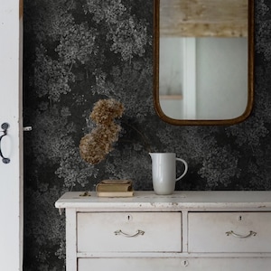 Carta da parati gotica scura in bianco e nero, carta da parati murale floreale grigio scuro, adesivo da parete con fiori boho, carta da parati floreale su tutta la superficie