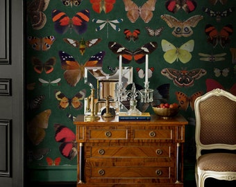 Moths Butterfly Wallpaper, Dark Emerald Eclectic Wall Paper with Insects, Bees & Bugs, Shades of Green Butterflies Wall Chart Sticker